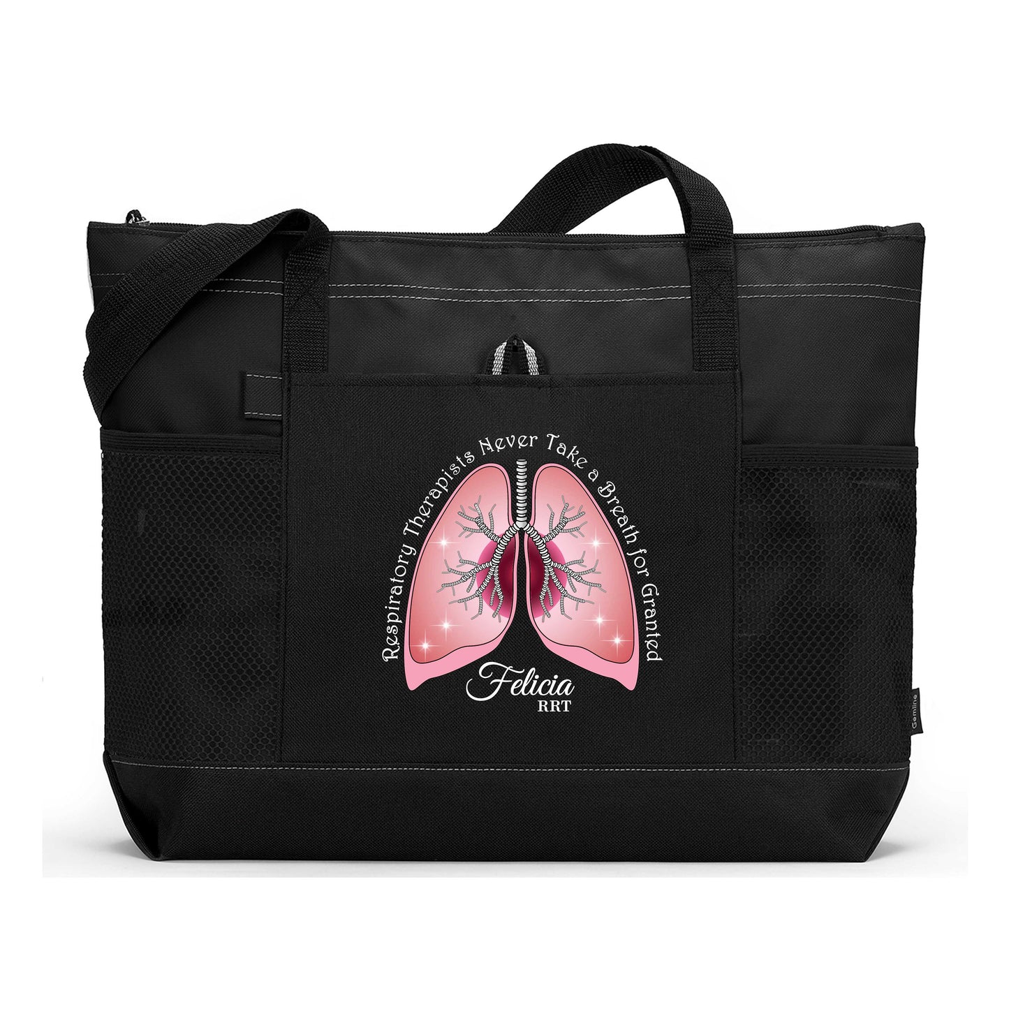 Respiratory Therapists Never Take a Breath for Granted Personalized Printed Tote Bag with Mesh Pockets