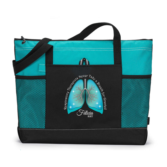 Respiratory Therapists Never Take a Breath for Granted Personalized Printed Tote Bag with Mesh Pockets