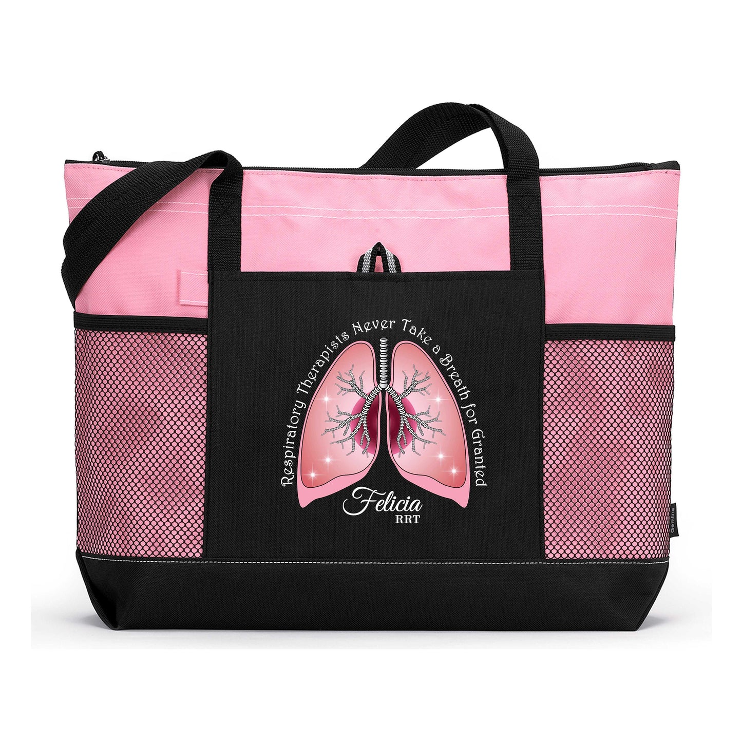 Respiratory Therapists Never Take a Breath for Granted Personalized Printed Tote Bag with Mesh Pockets