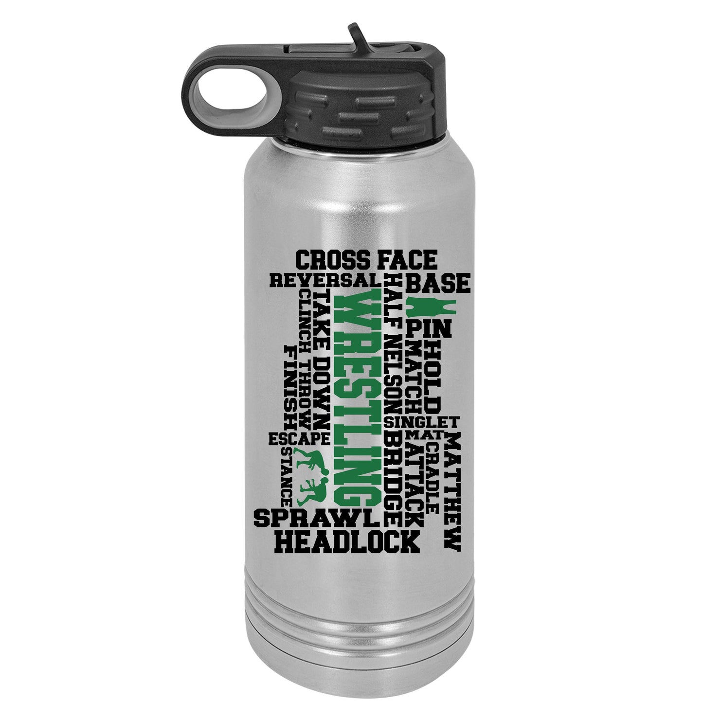 Wrestling Word Art Personalized UV Printed Insulated Stainless Steel 32 oz Water Bottle, Gift for Wrestler