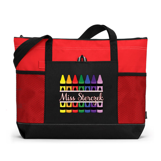 Teacher Crayons Personalized Tote Bag with Mesh Pockets, Preschool, Kindergarten, Teacher Gift, Teacher Appreciation