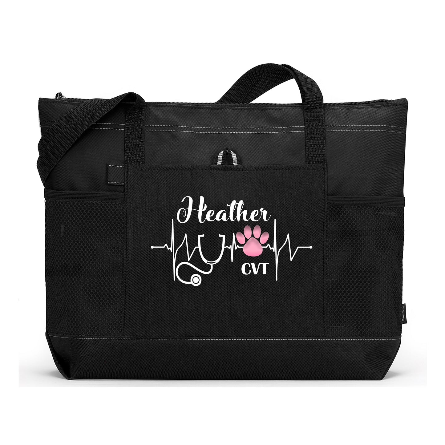 Personalized Vet Tech Veterinarian Heartbeat Paw Print Tote Bag with Mesh Pockets, Vet Tech Appreciation, Personalized Gift