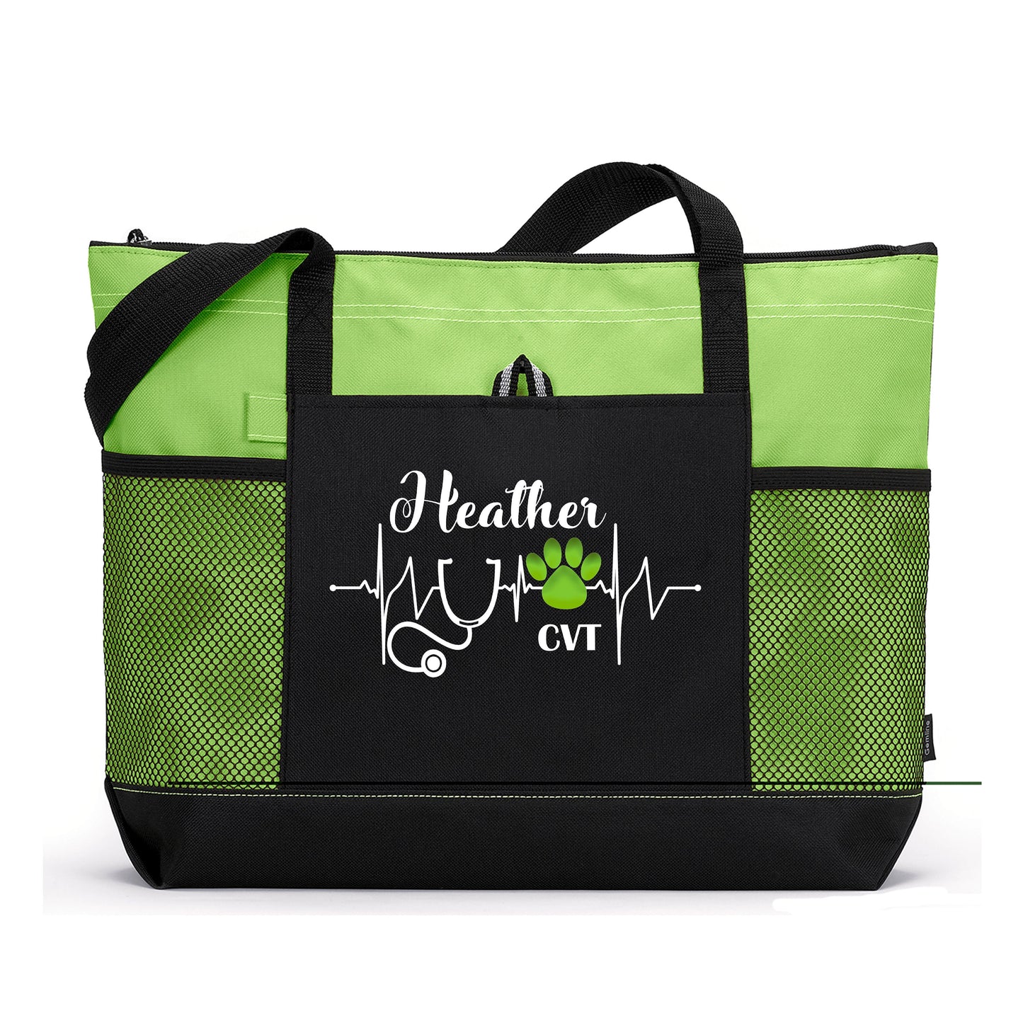 Personalized Vet Tech Veterinarian Heartbeat Paw Print Tote Bag with Mesh Pockets, Vet Tech Appreciation, Personalized Gift