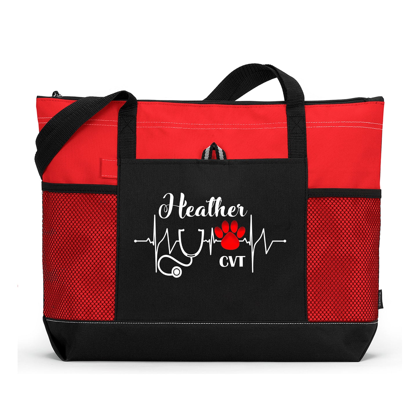 Personalized Vet Tech Veterinarian Heartbeat Paw Print Tote Bag with Mesh Pockets, Vet Tech Appreciation, Personalized Gift