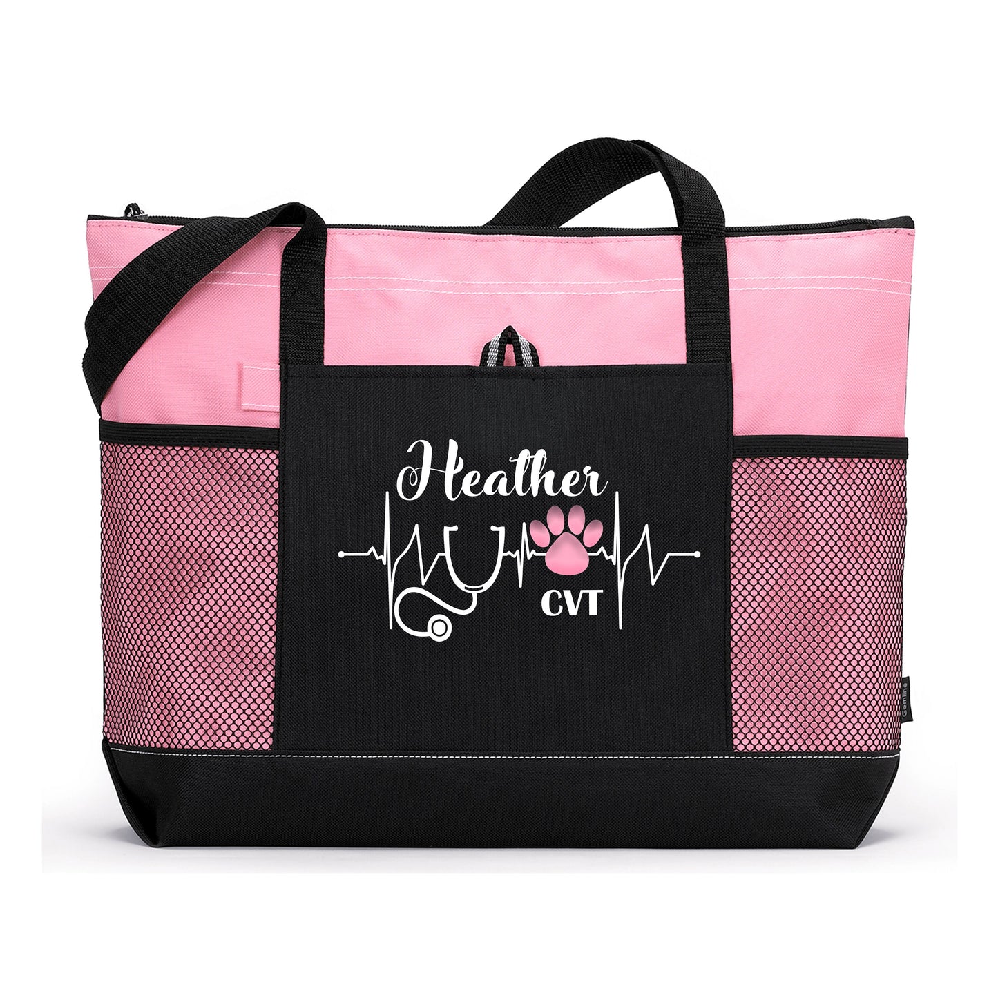 Personalized Vet Tech Veterinarian Heartbeat Paw Print Tote Bag with Mesh Pockets, Vet Tech Appreciation, Personalized Gift