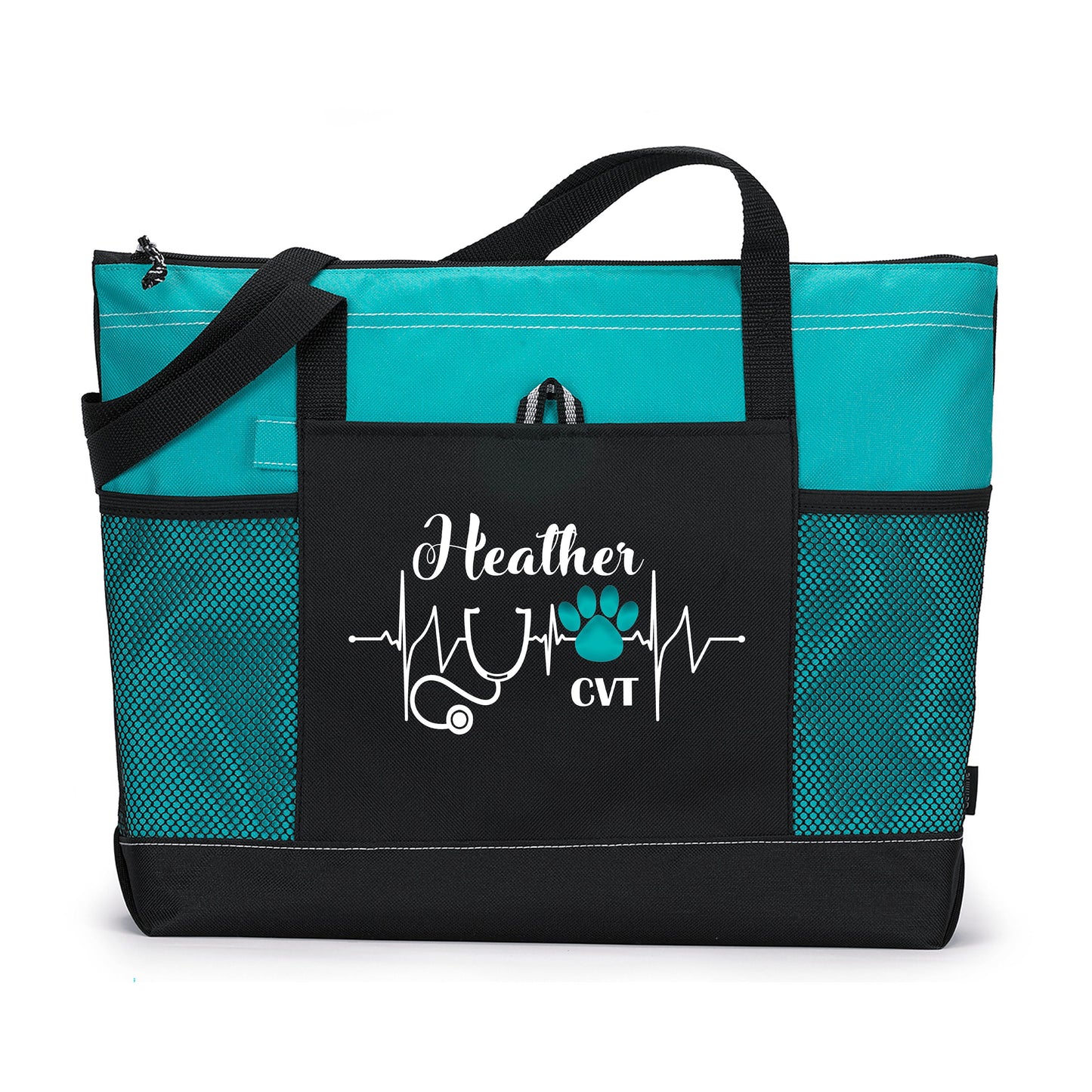 Personalized Vet Tech Veterinarian Heartbeat Paw Print Tote Bag with Mesh Pockets, Vet Tech Appreciation, Personalized Gift