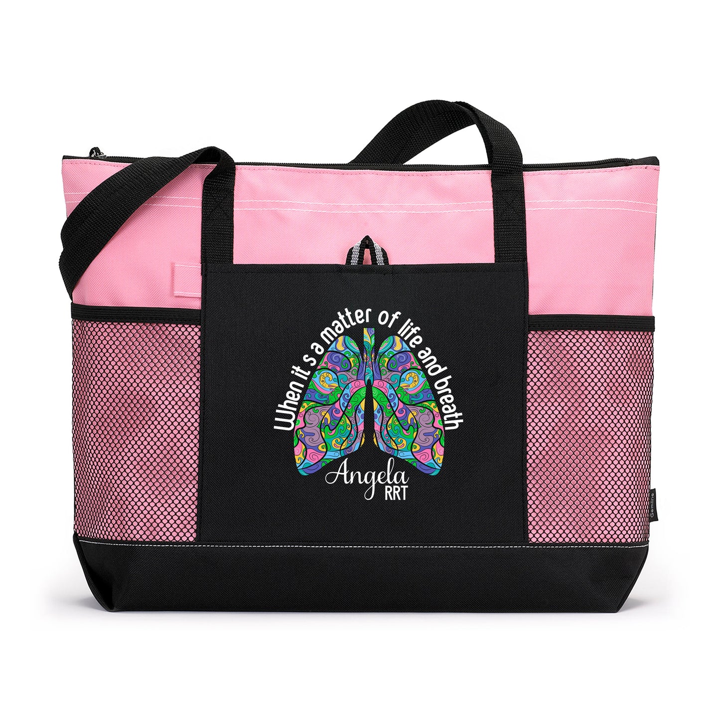 Respiratory Therapy When It's a Matter of Life and Breath Personalized Printed Tote Bag w Mesh Pockets, Gift for RRT, Respiratory Therapist