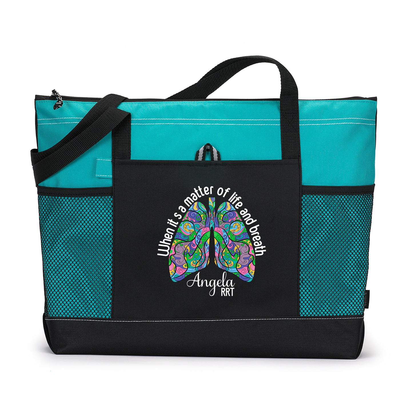 Respiratory Therapy When It's a Matter of Life and Breath Personalized Printed Tote Bag w Mesh Pockets, Gift for RRT, Respiratory Therapist