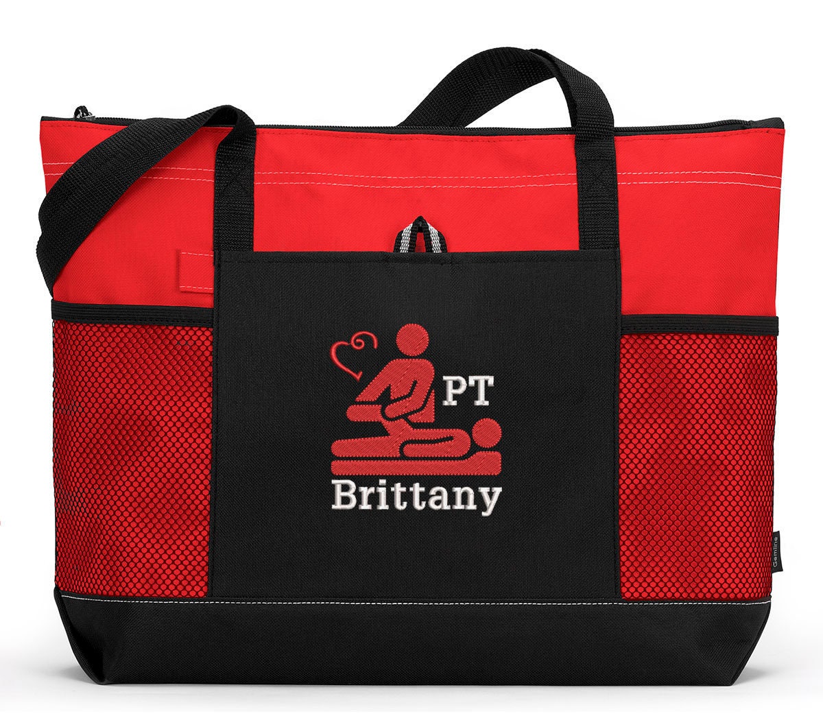 Physical Therapist Personalized Embroidered Zippered Tote Bag With Mesh Pockets