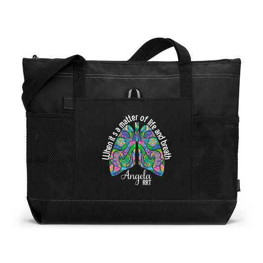 Respiratory Therapy When It's a Matter of Life and Breath Personalized Printed Tote Bag w Mesh Pockets, Gift for RRT, Respiratory Therapist