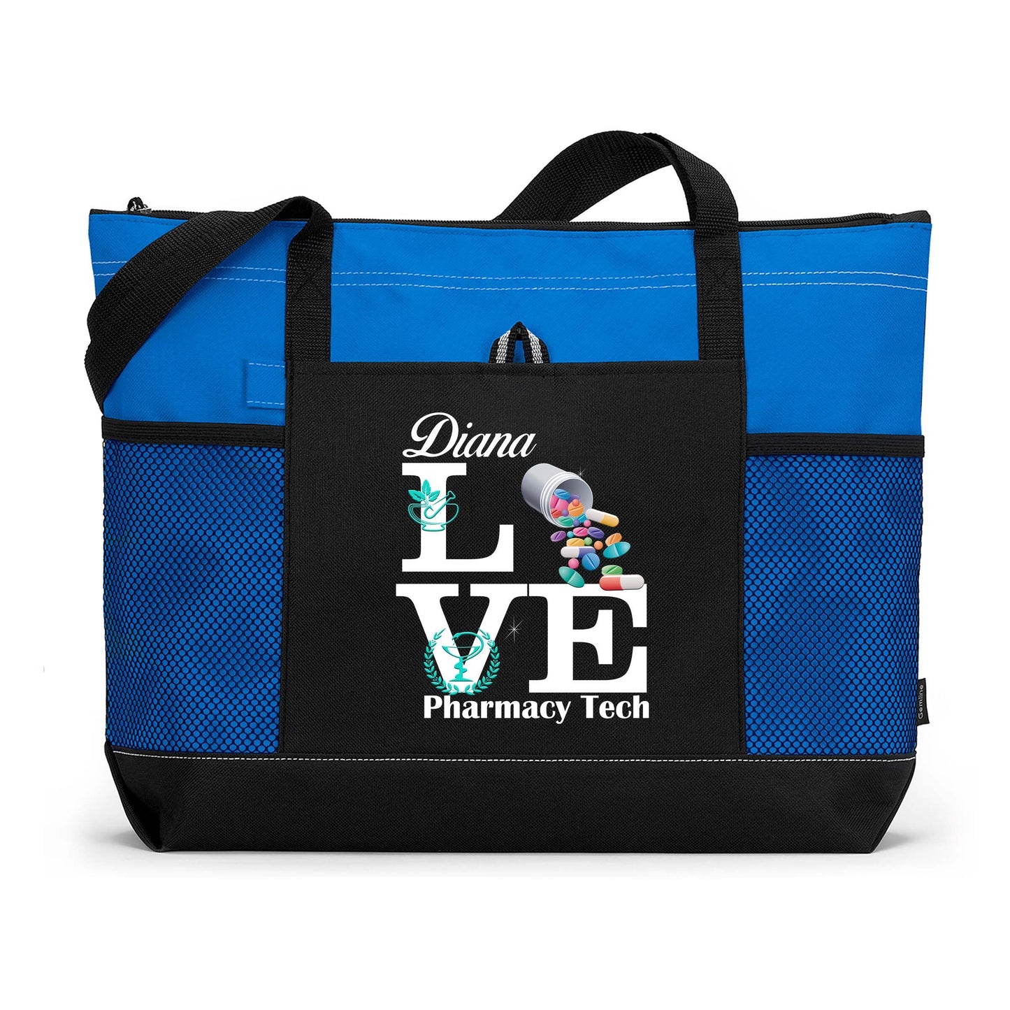 Personalized Love Pharmacy Tech / Pharmacist Tote Bag with Mesh Pockets