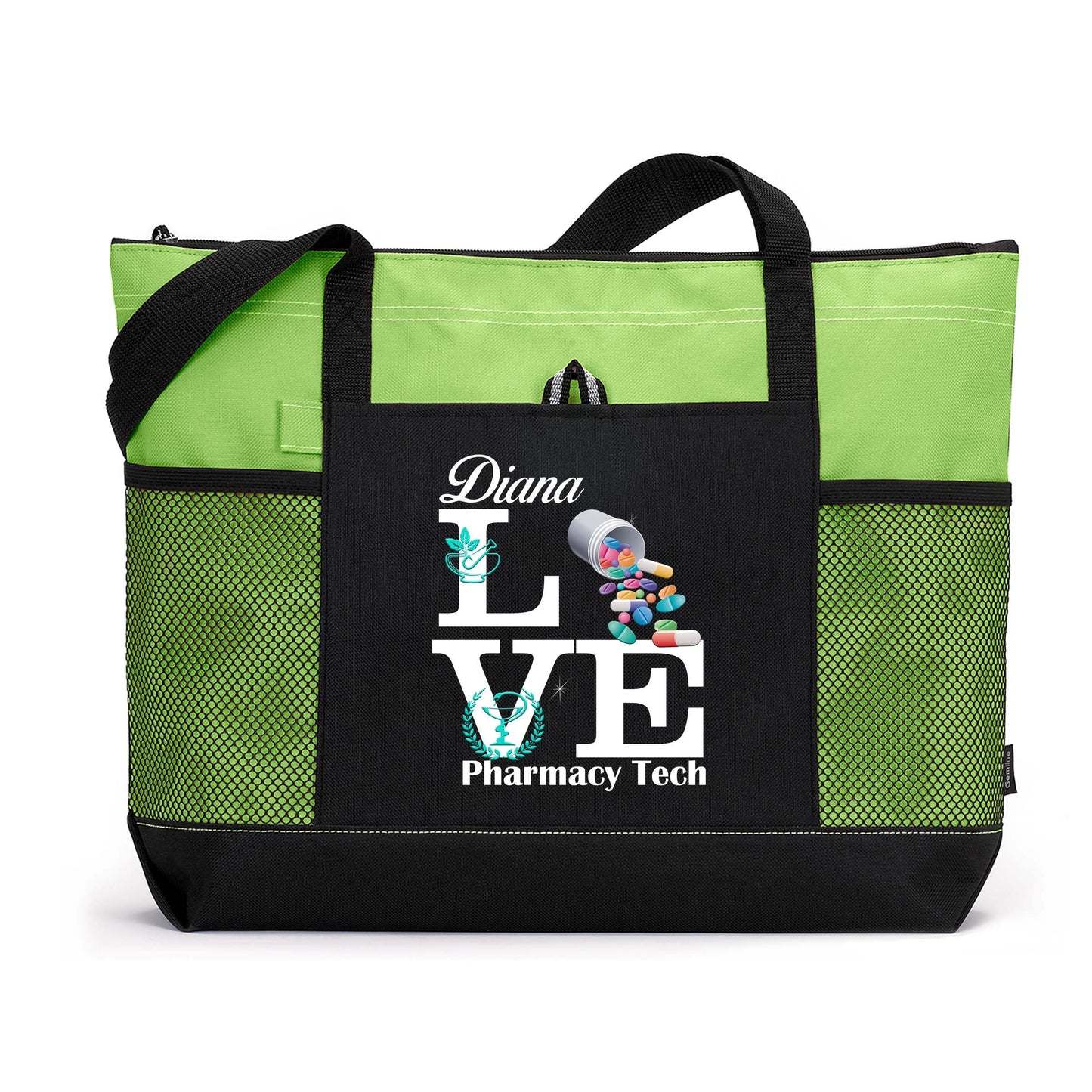 Personalized Love Pharmacy Tech / Pharmacist Tote Bag with Mesh Pockets