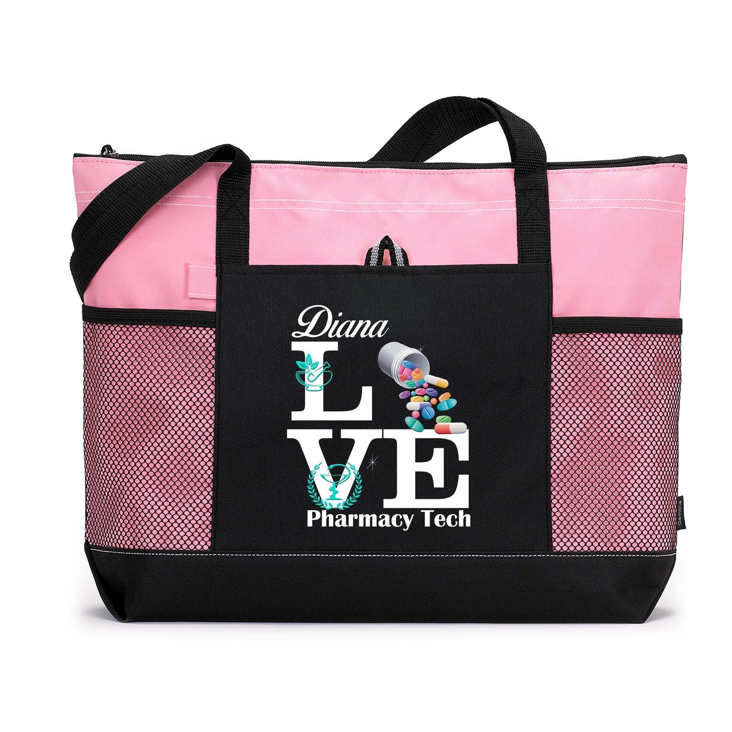 Personalized Love Pharmacy Tech / Pharmacist Tote Bag with Mesh Pockets