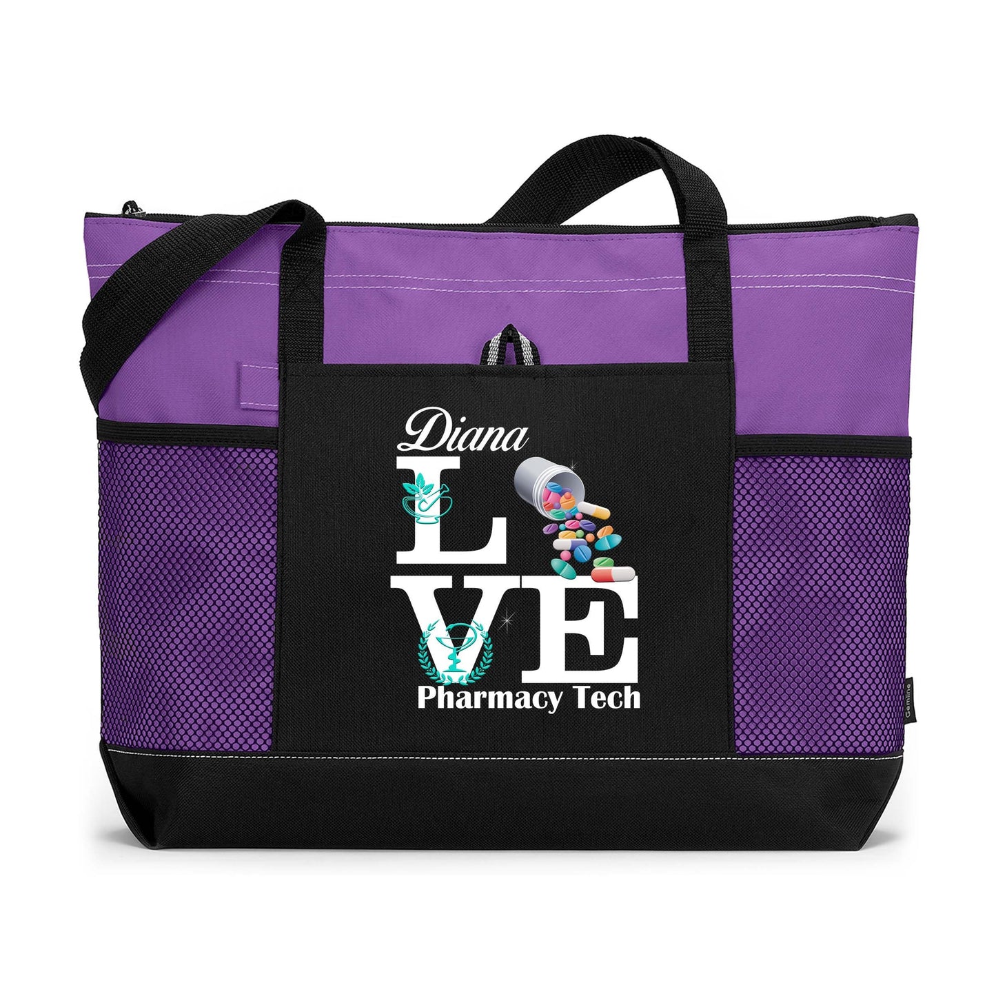 Personalized Love Pharmacy Tech / Pharmacist Tote Bag with Mesh Pockets