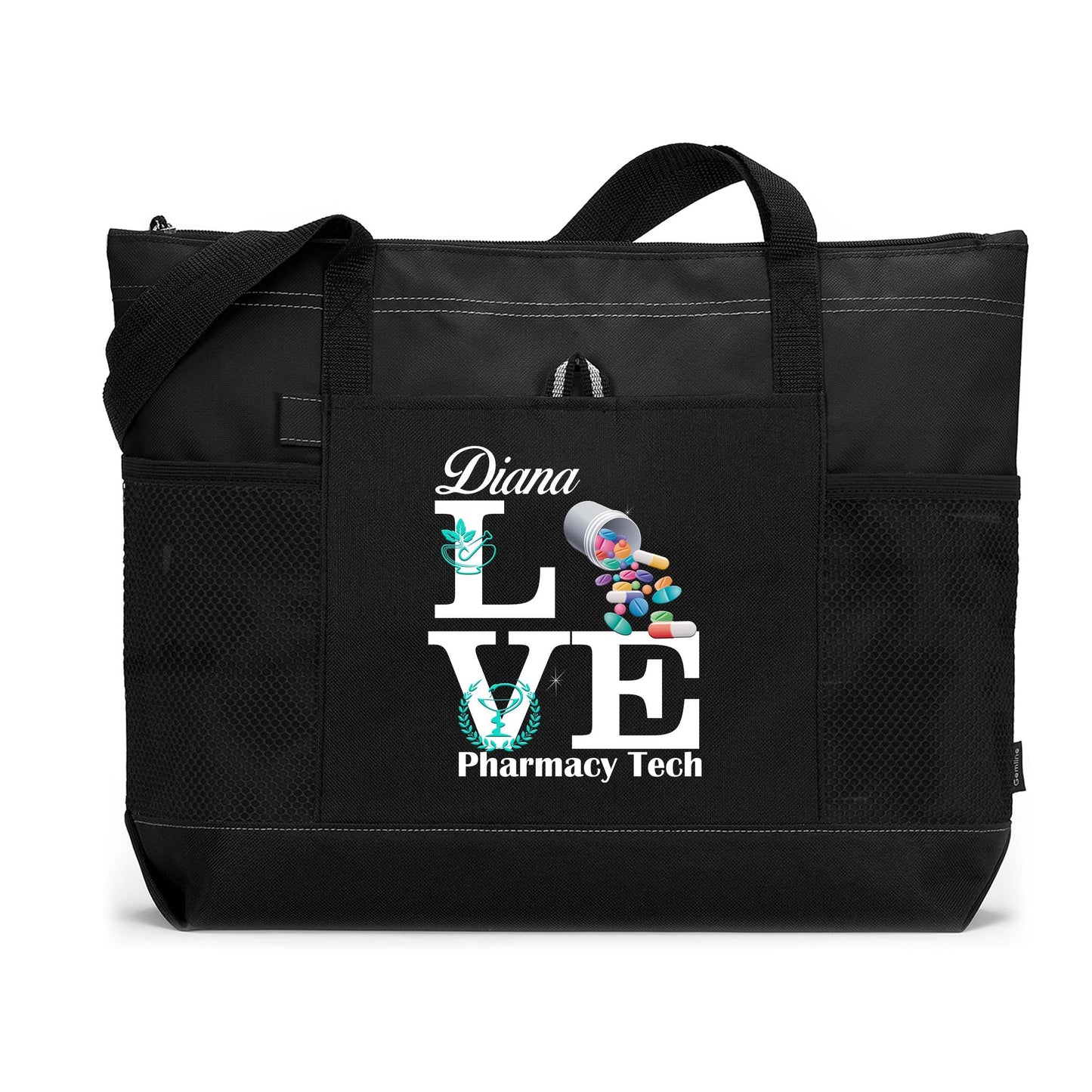 Personalized Love Pharmacy Tech / Pharmacist Tote Bag with Mesh Pockets