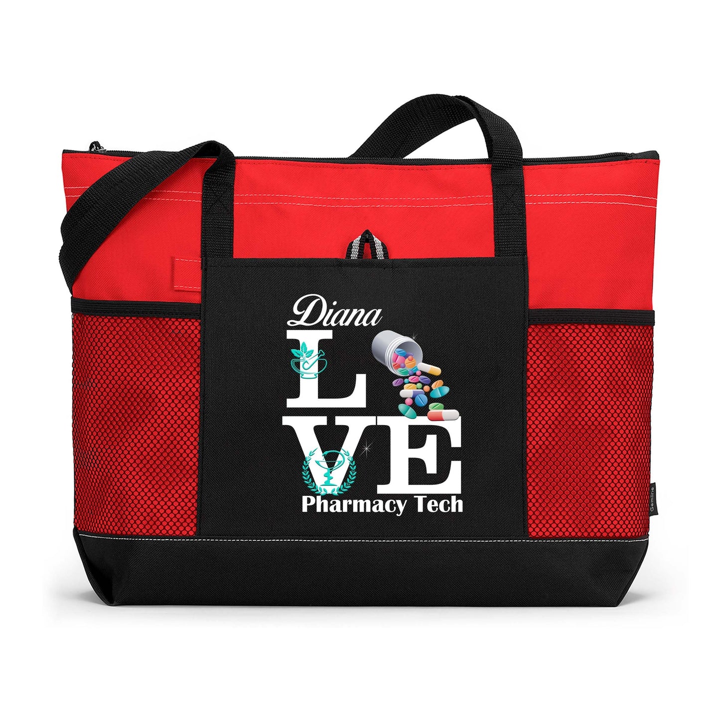 Personalized Love Pharmacy Tech / Pharmacist Tote Bag with Mesh Pockets