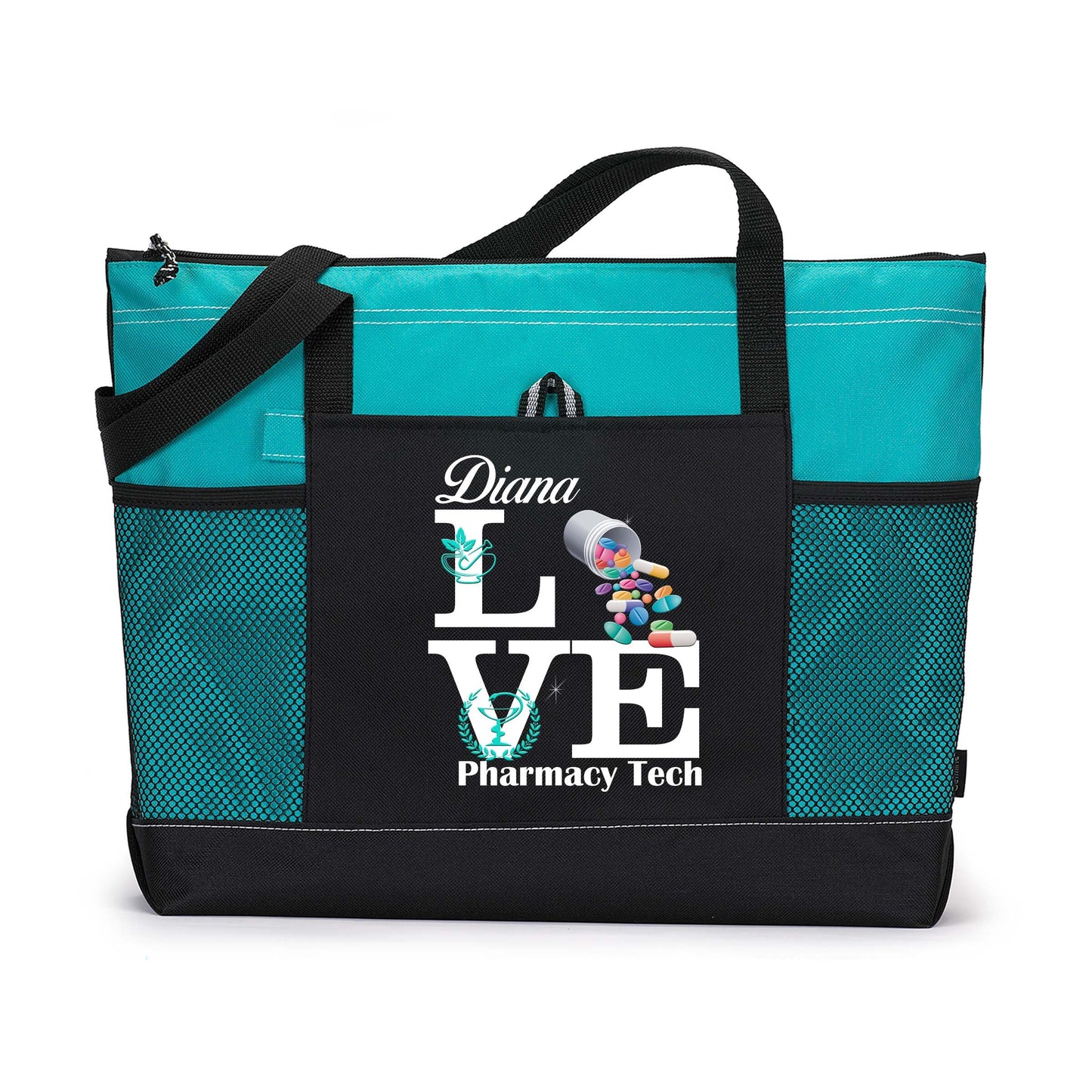 Personalized Love Pharmacy Tech / Pharmacist Tote Bag with Mesh Pockets