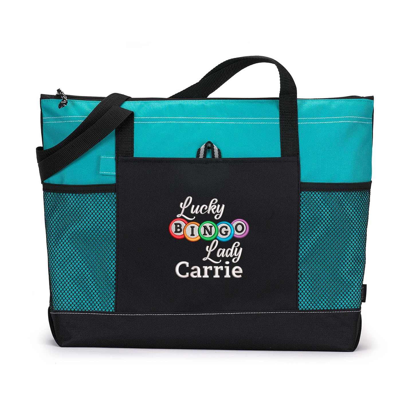 Lucky Bingo Lady Personalized Embroidered Tote Bag with Mesh Pockets