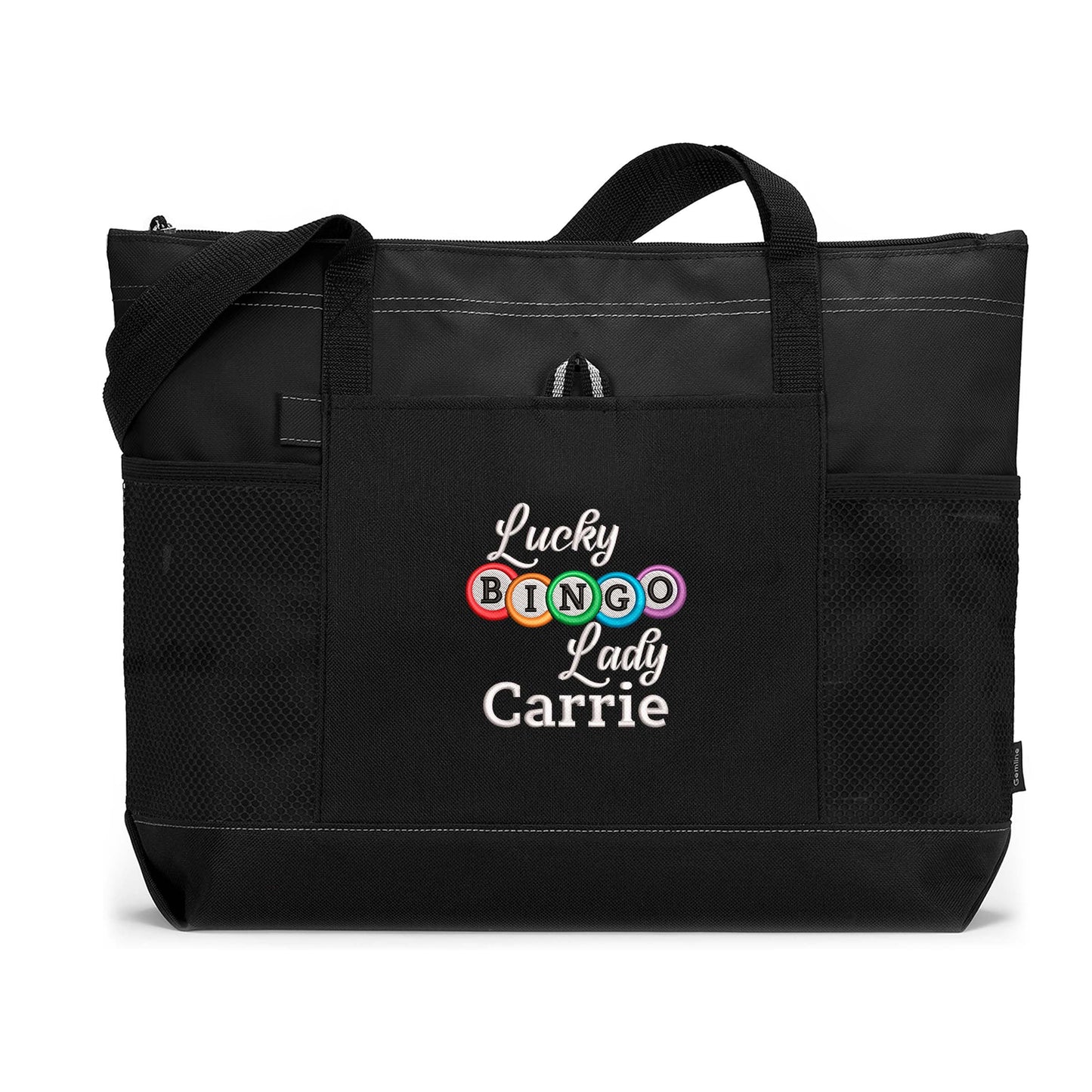 Lucky Bingo Lady Personalized Embroidered Tote Bag with Mesh Pockets