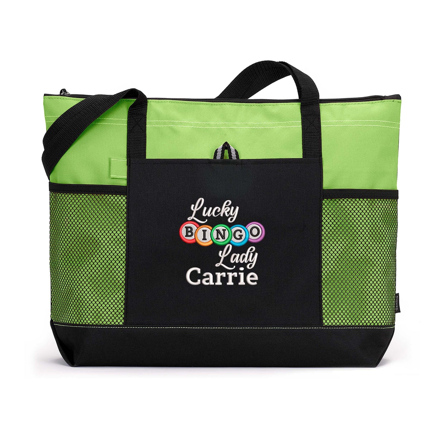 Lucky Bingo Lady Personalized Embroidered Tote Bag with Mesh Pockets