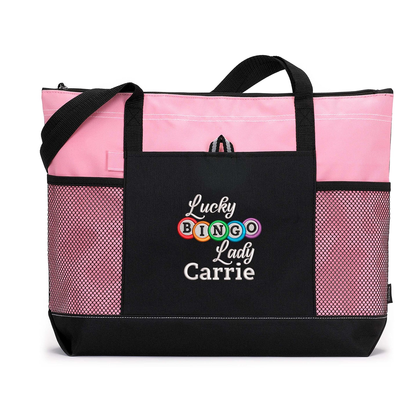 Lucky Bingo Lady Personalized Embroidered Tote Bag with Mesh Pockets