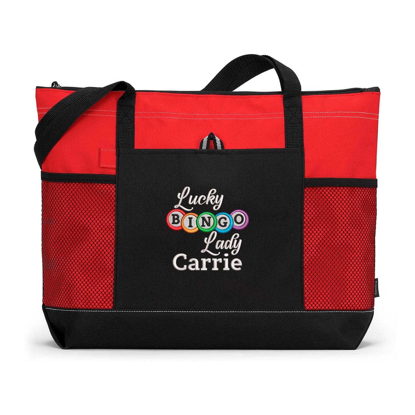 Lucky Bingo Lady Personalized Embroidered Tote Bag with Mesh Pockets