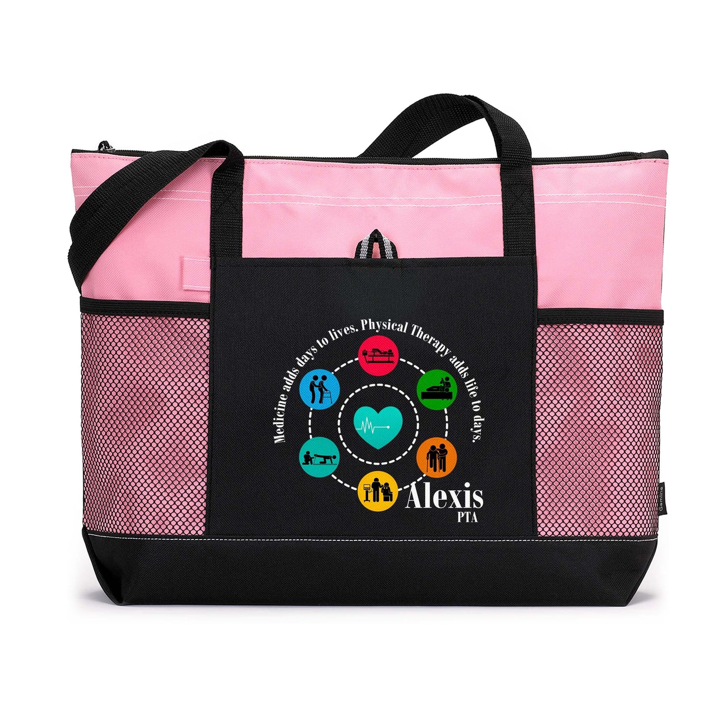 Physical Therapy Adds Life to Days Personalized Physical Therapist Tote Bag with Mesh Pockets