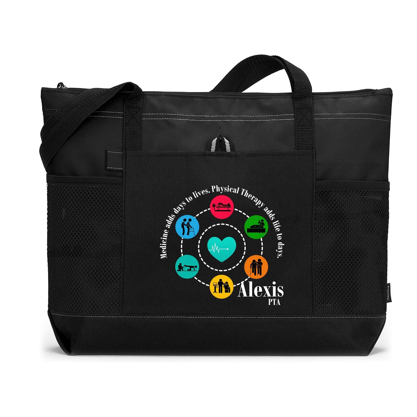 Physical Therapy Adds Life to Days Personalized Physical Therapist Tote Bag with Mesh Pockets