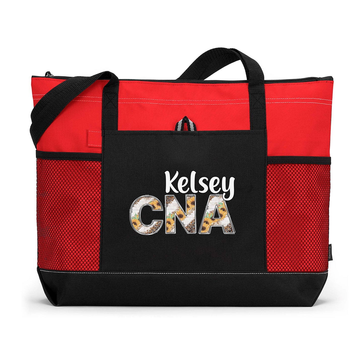 Personalized Nurse Rn Lpn Cna Cma Tote Bag with Mesh Pockets - Sunflower and Leopard Letters