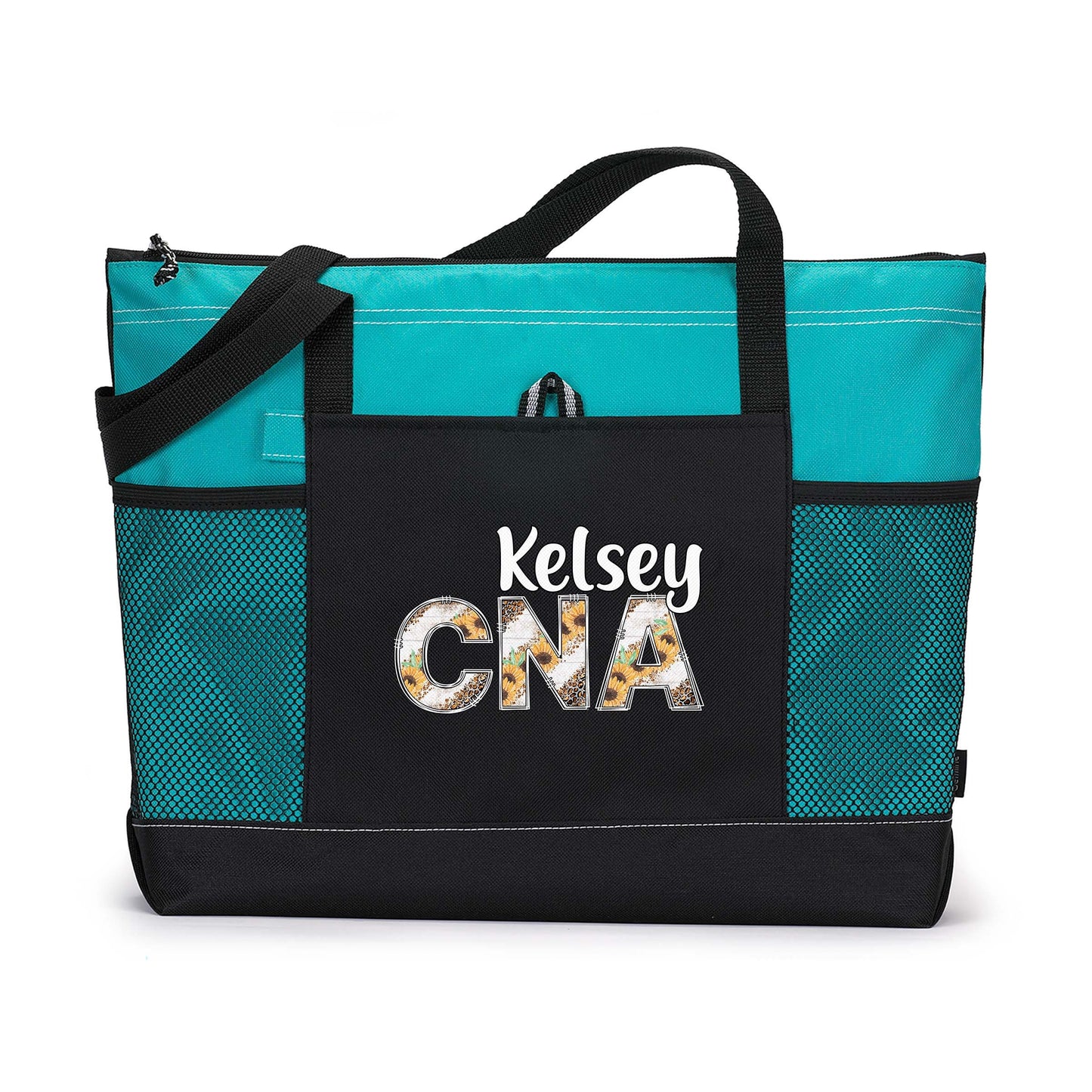 Personalized Nurse Rn Lpn Cna Cma Tote Bag with Mesh Pockets - Sunflower and Leopard Letters