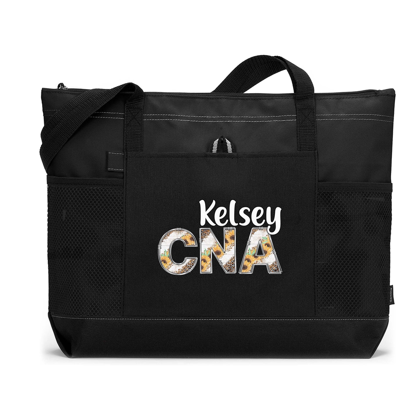 Personalized Nurse Rn Lpn Cna Cma Tote Bag with Mesh Pockets - Sunflower and Leopard Letters