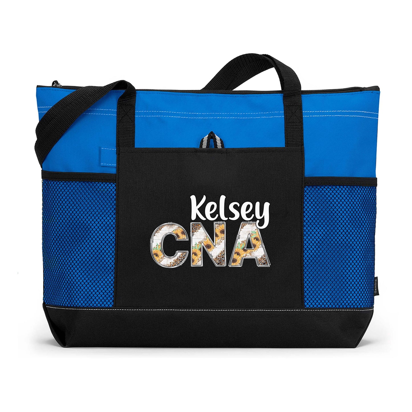 Personalized Nurse Rn Lpn Cna Cma Tote Bag with Mesh Pockets - Sunflower and Leopard Letters