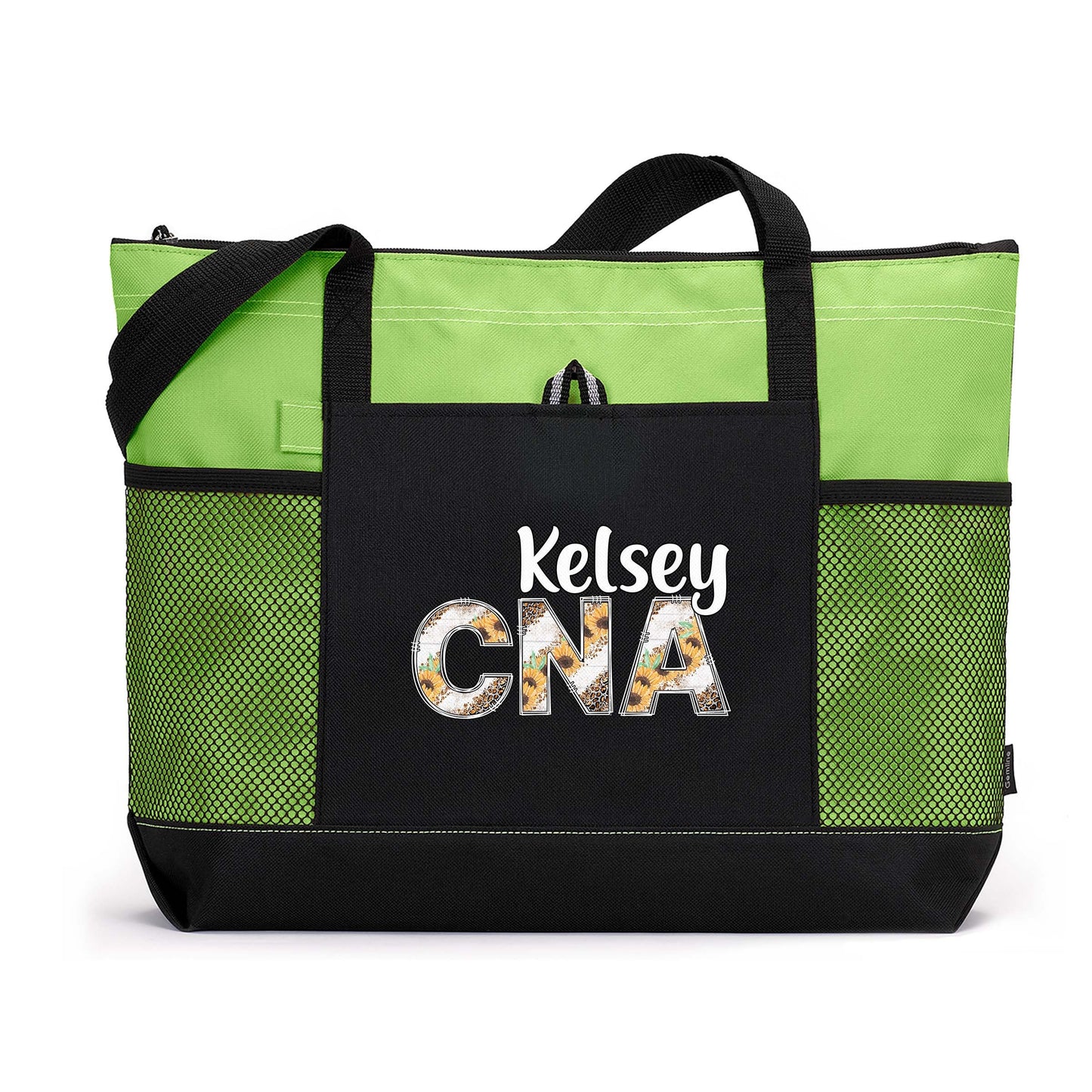 Personalized Nurse Rn Lpn Cna Cma Tote Bag with Mesh Pockets - Sunflower and Leopard Letters