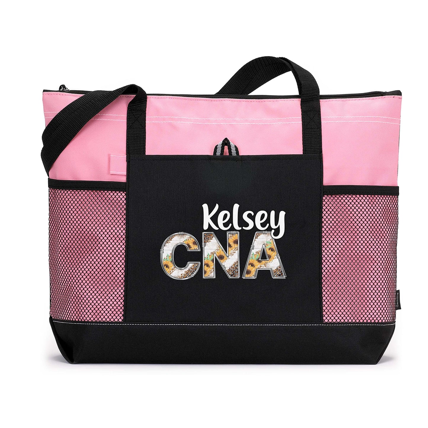 Personalized Nurse Rn Lpn Cna Cma Tote Bag with Mesh Pockets - Sunflower and Leopard Letters