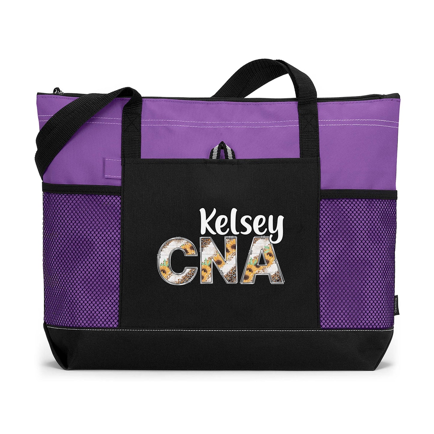 Personalized Nurse Rn Lpn Cna Cma Tote Bag with Mesh Pockets - Sunflower and Leopard Letters