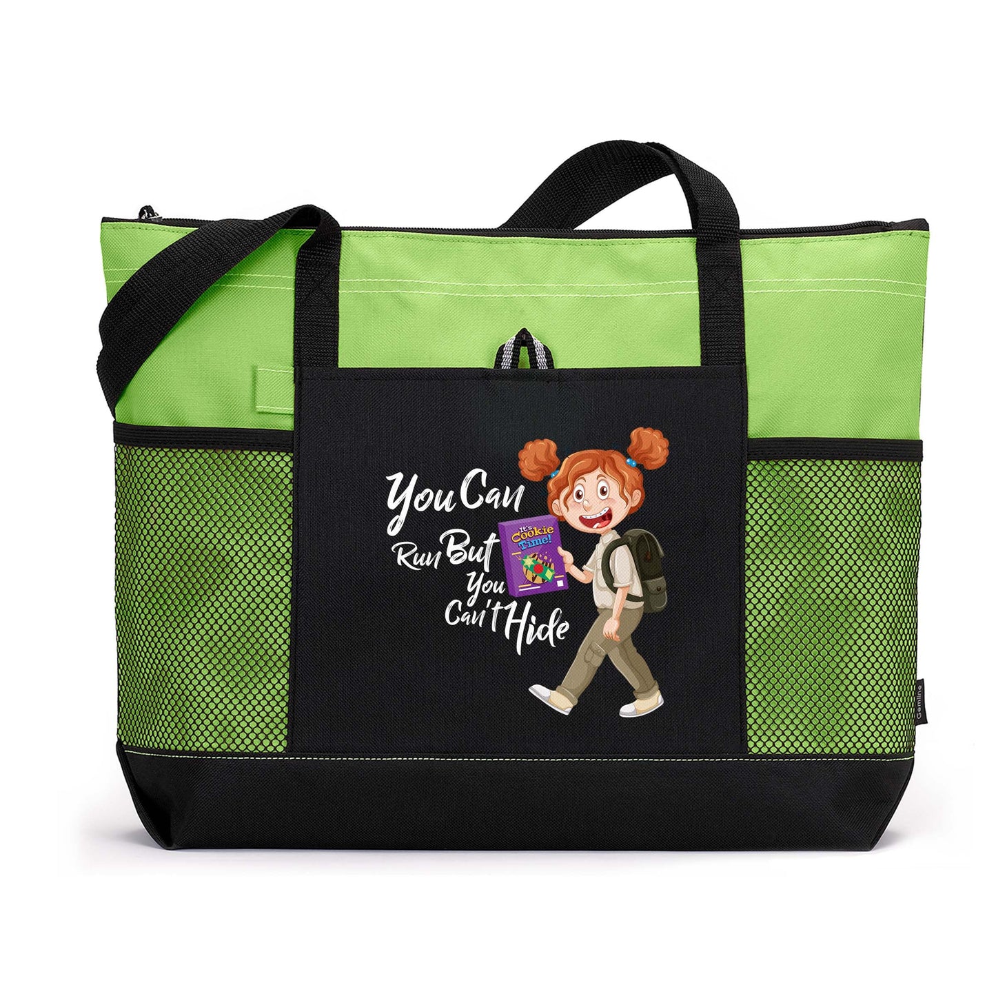 Personalized You Can Run But You Cant Hide - Girl Scout -  Printed Tote Bag with Mesh Pockets