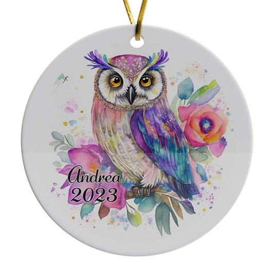 Colorful Owl Personalized Christmas Ornament, Porcelain Ceramic Ornament, In Velvet Pouch for Gift Giving