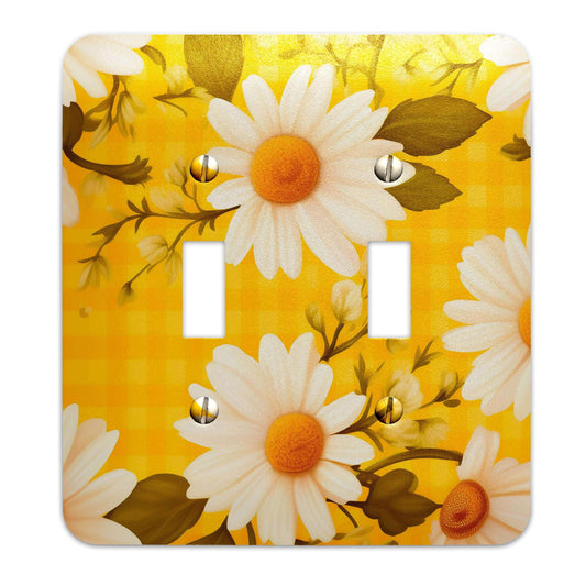 Metal Decorative Light Switch Plate Cover - Watercolor Daisies on Yellow Gingham - Other Sizes Available #4773