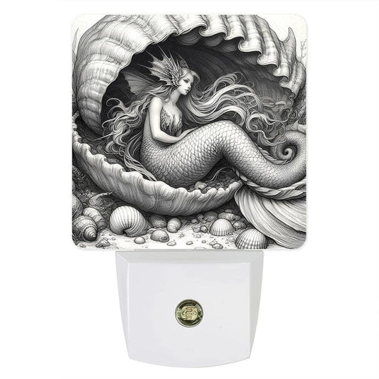 Mermaid in Seashell Black and White Art Custom LED Dusk to Dawn Night Light, Home Decor, Wall Art #5174